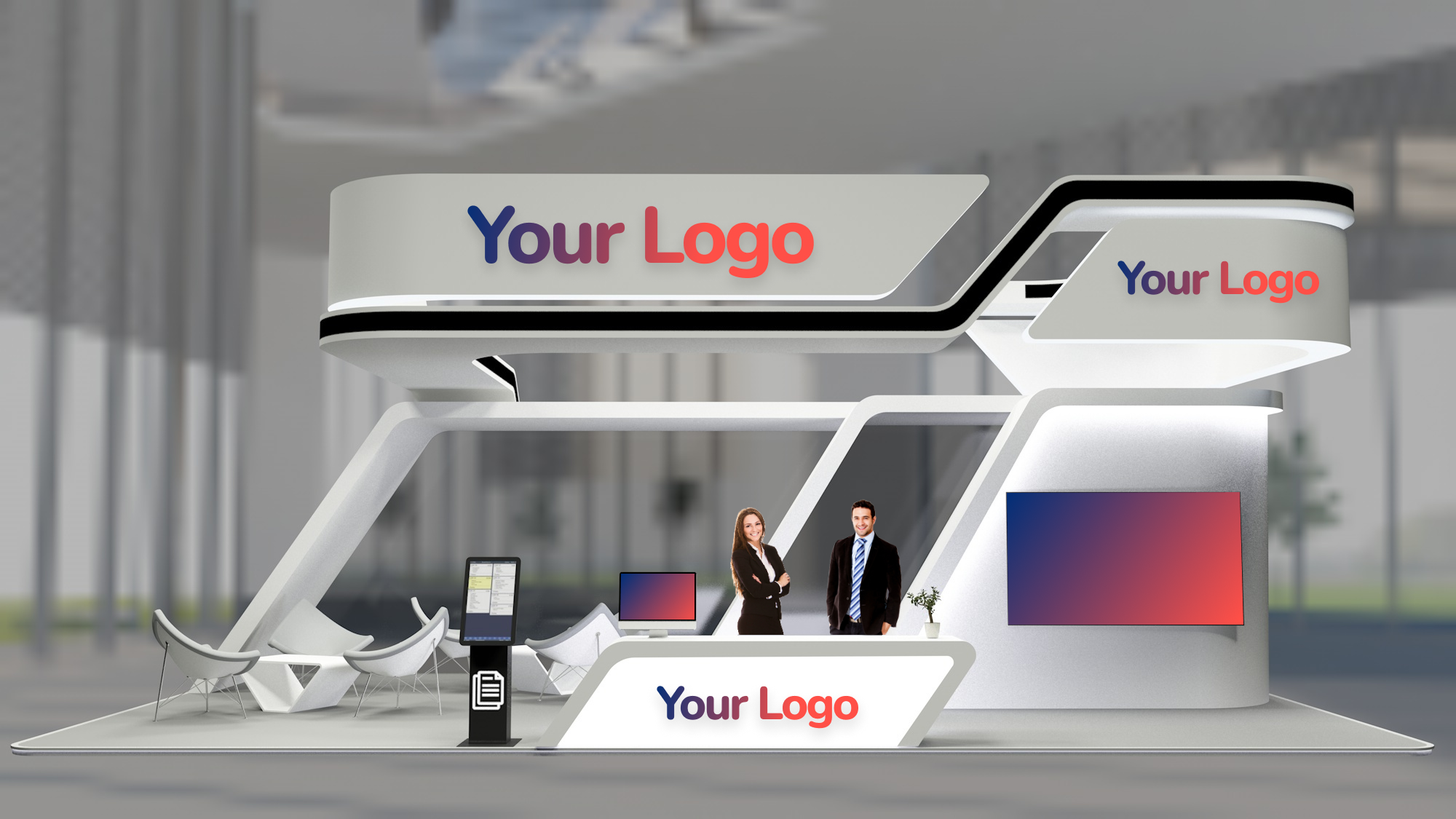 Highly customizable virtual booth with logo and video panels.