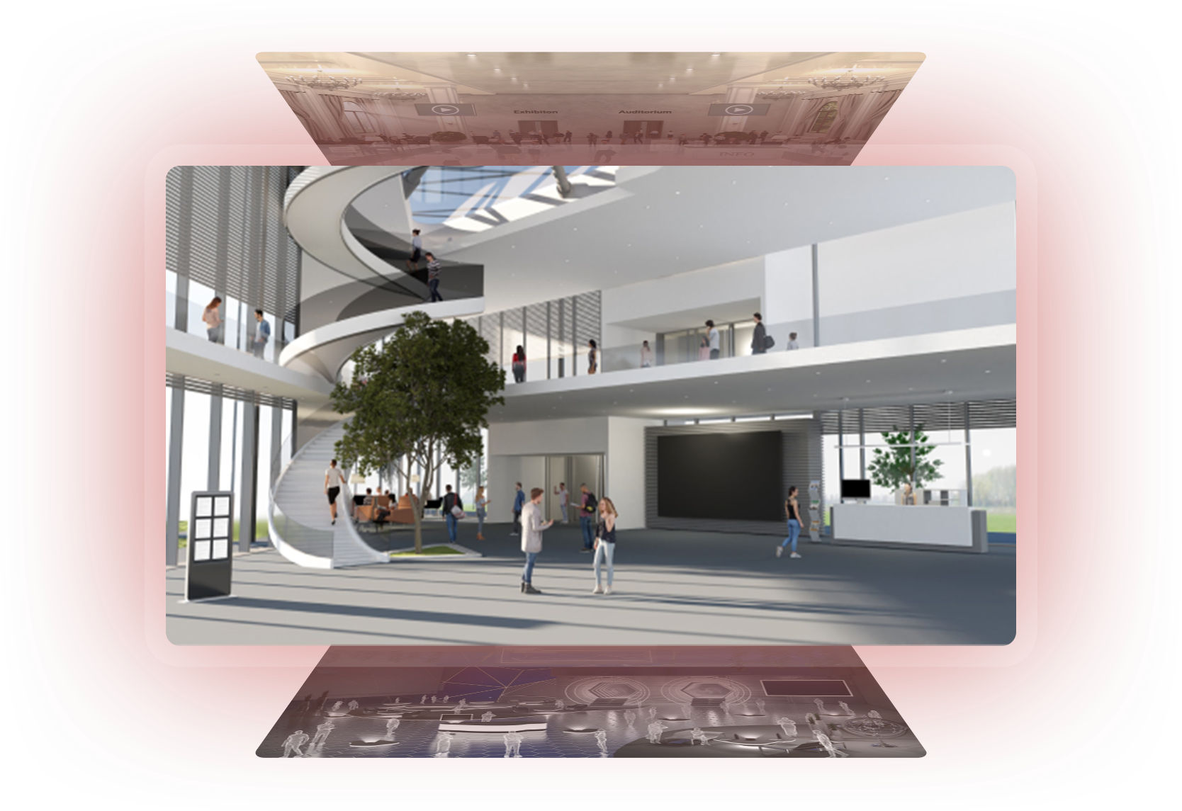 Virtual event platform with 3D-like template based environments.