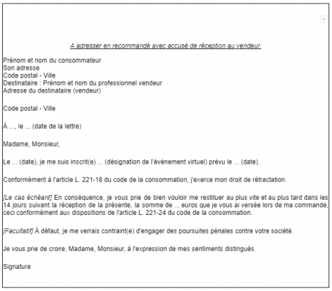 Modèle de formulaire de rétractation - MEETYOO